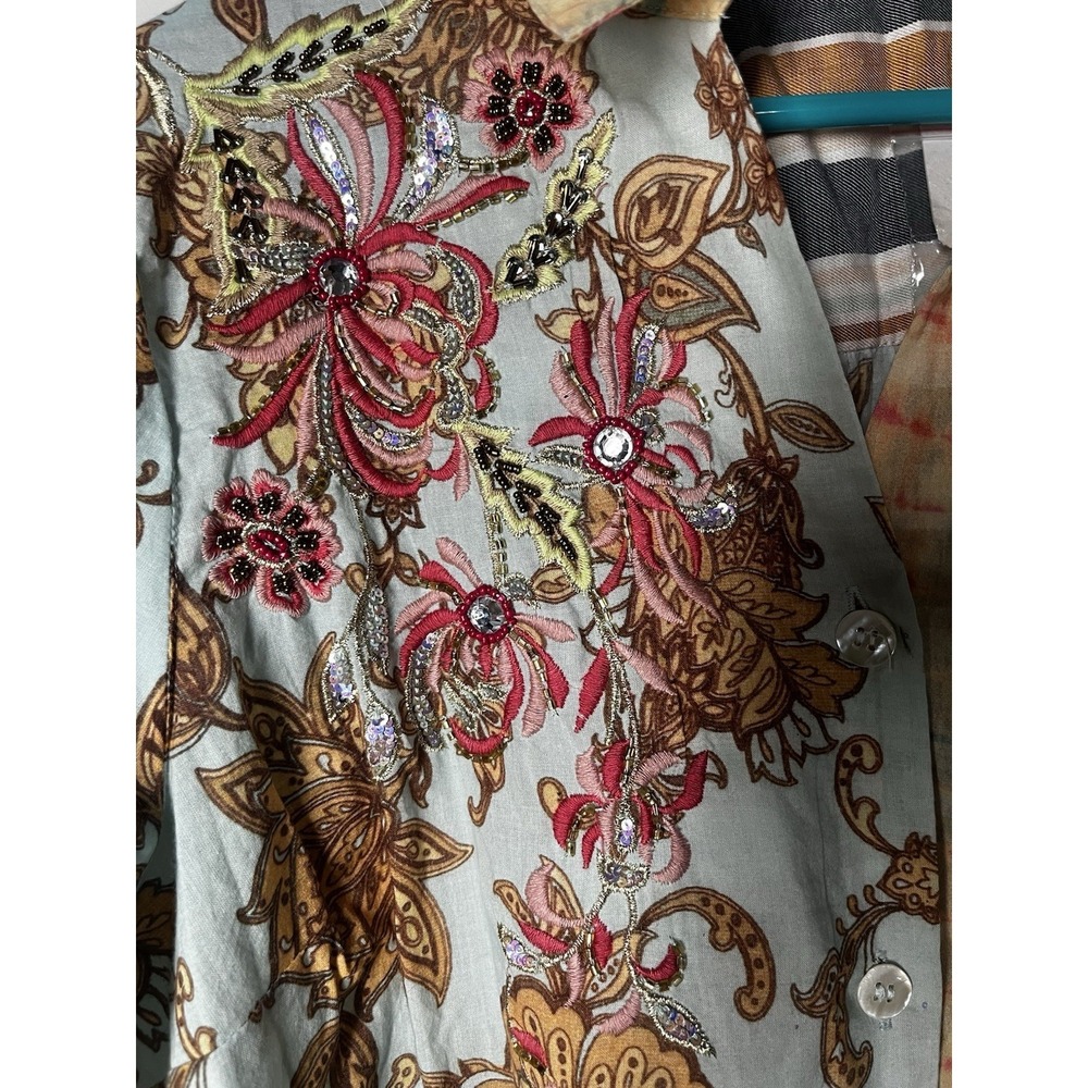 NWT Soft Surroundings Descansa Tunic Button Down Shirt Sz L Aquatic Patchwork - Picture 2 of 8